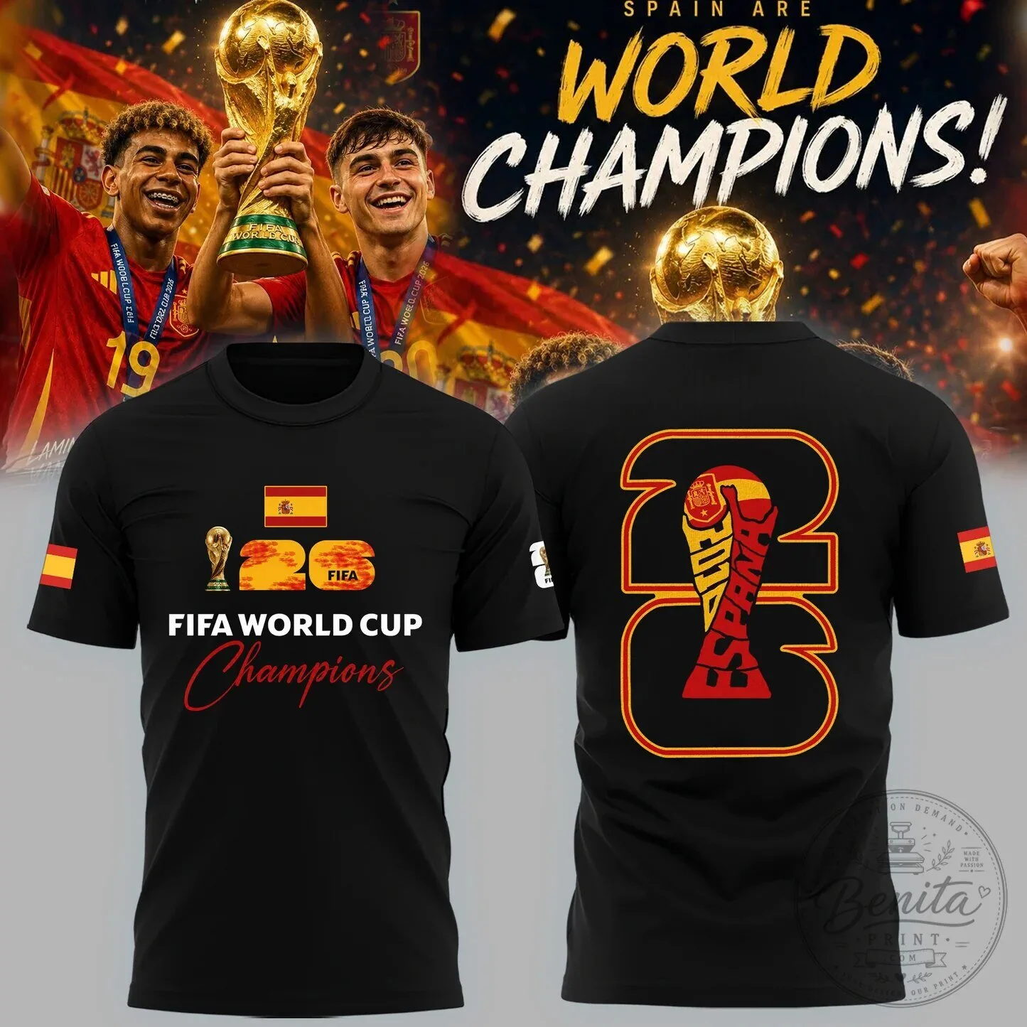 Black T-Shirt of FIFA World Cup Champions, Spain National Football Team