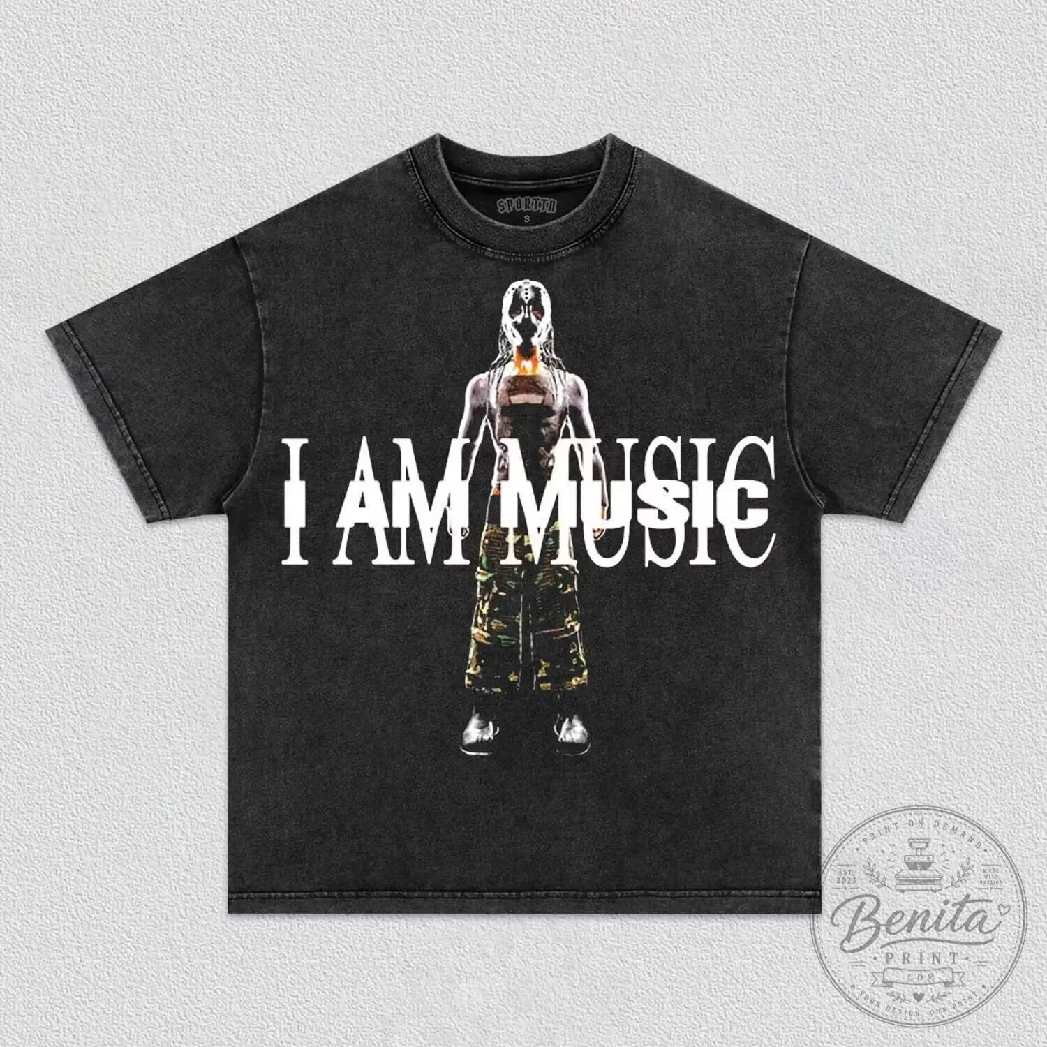 Washed Black Graphic T-Shirt featuring Playboi Carti's I Am Music Design