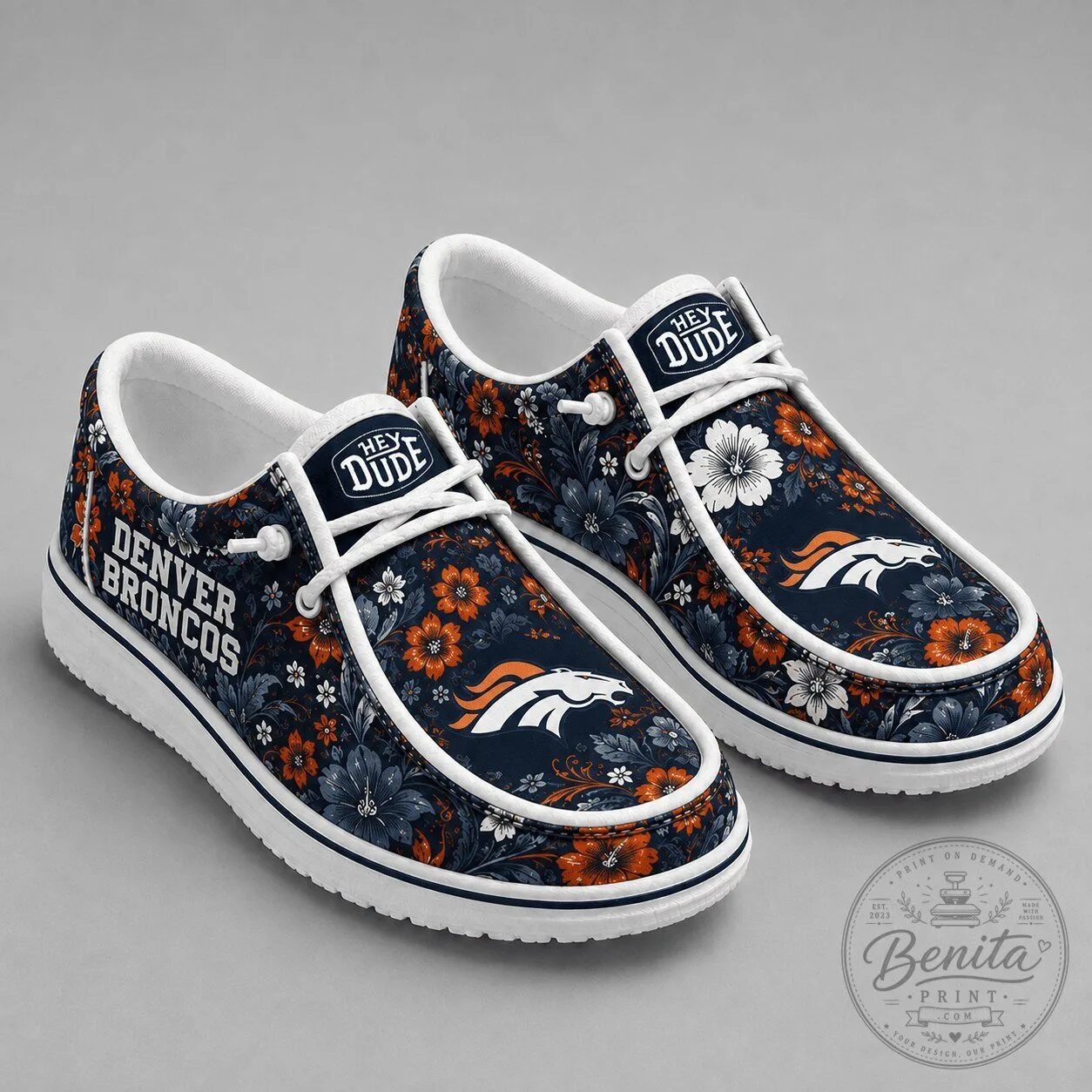 Denver Broncos Floral Pattern Hey Dude Style Shoes