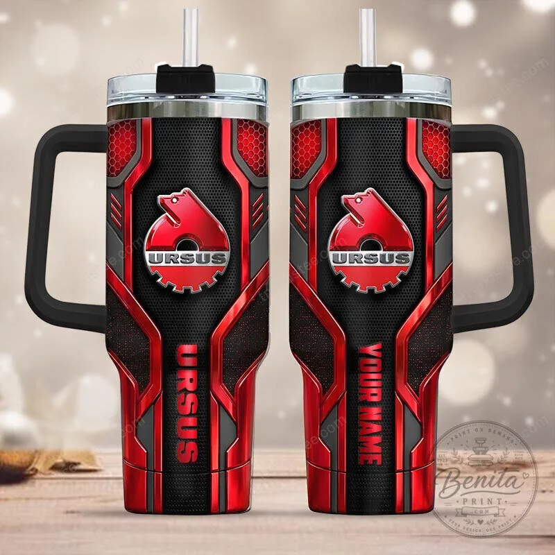 Ursus Red and Black Gear Design Insulated Stainless Steel Tumbler with Handle