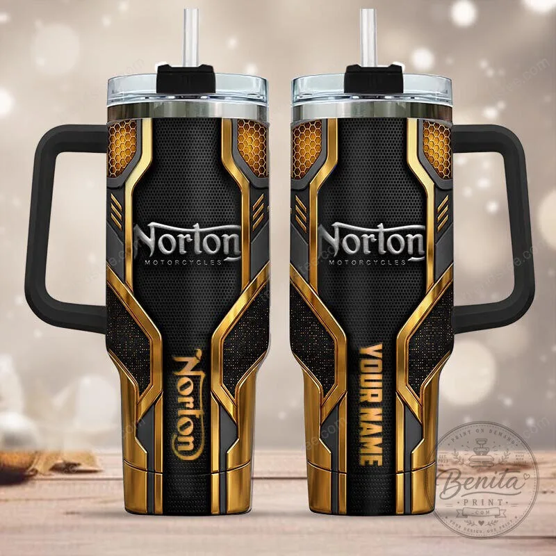 Norton Motorcycles Gold Black Custom Name Insulated Tumbler with Handle