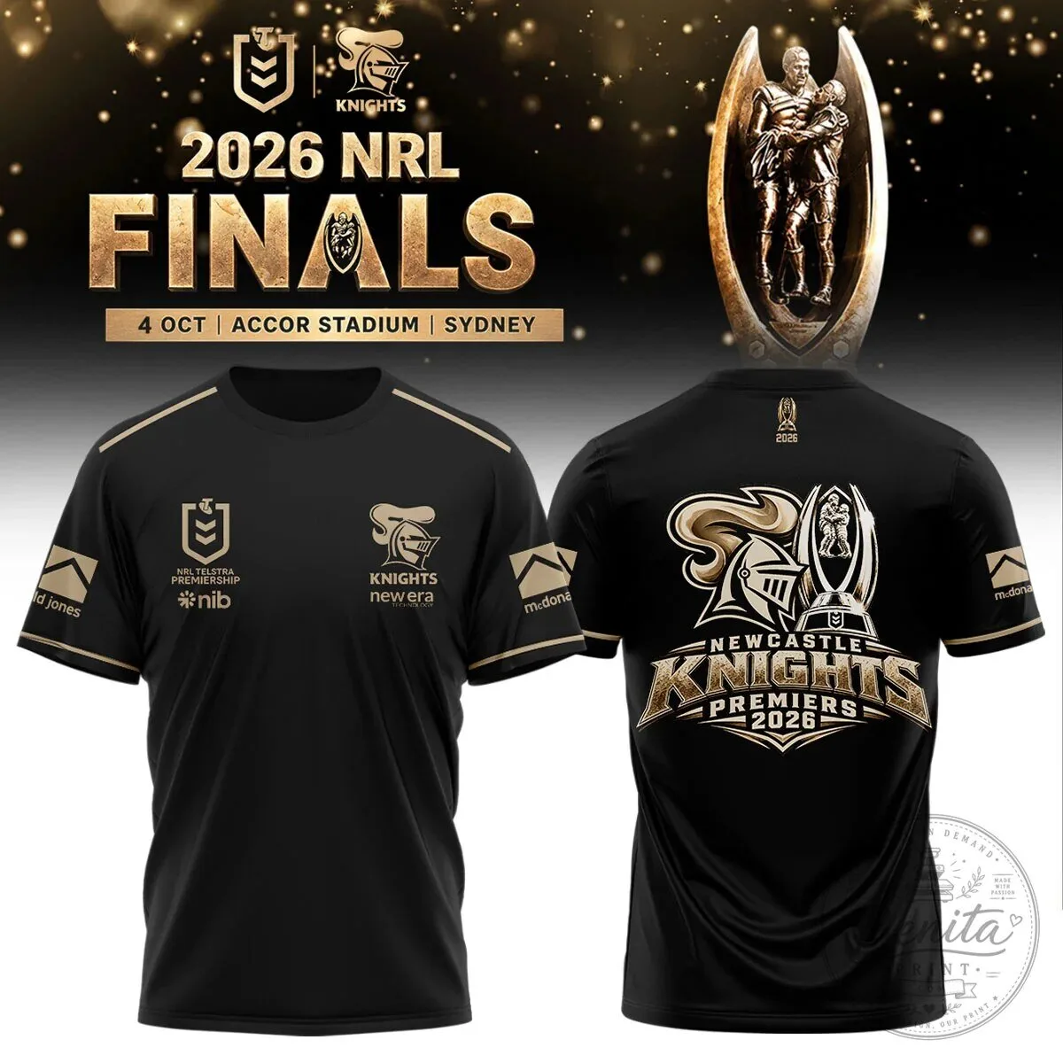Newcastle Knights National Rugby League Premiers 2026 Championship Black T-Shirt