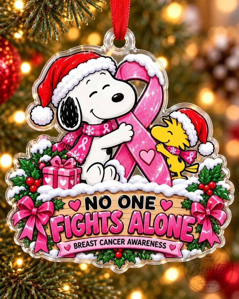 Snoopy Woodstock Breast Cancer Awareness No One Fights Alone Christmas Ornament