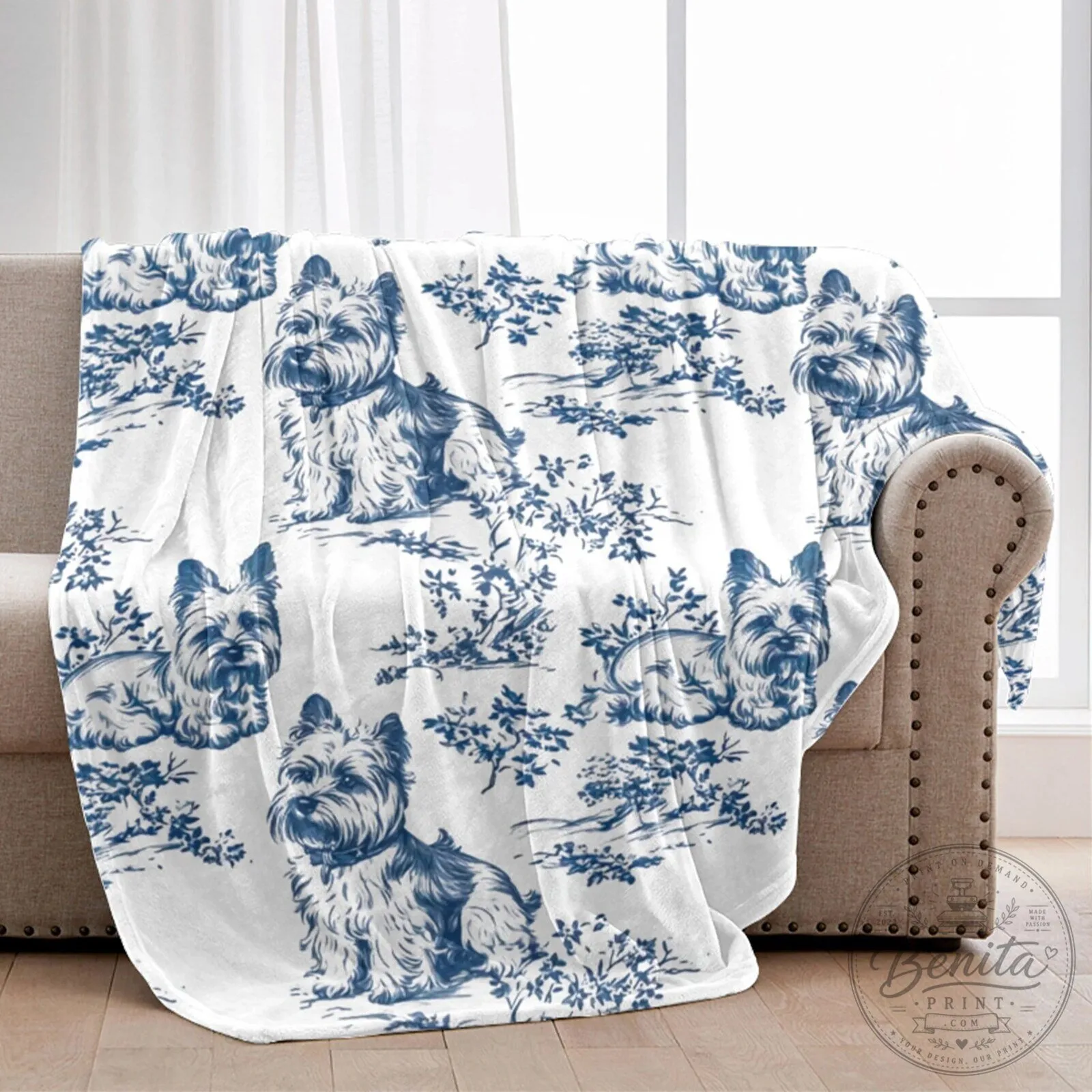Yorkshire Terrier French Toile de Jouy Pattern Blue and White Throw Blanket