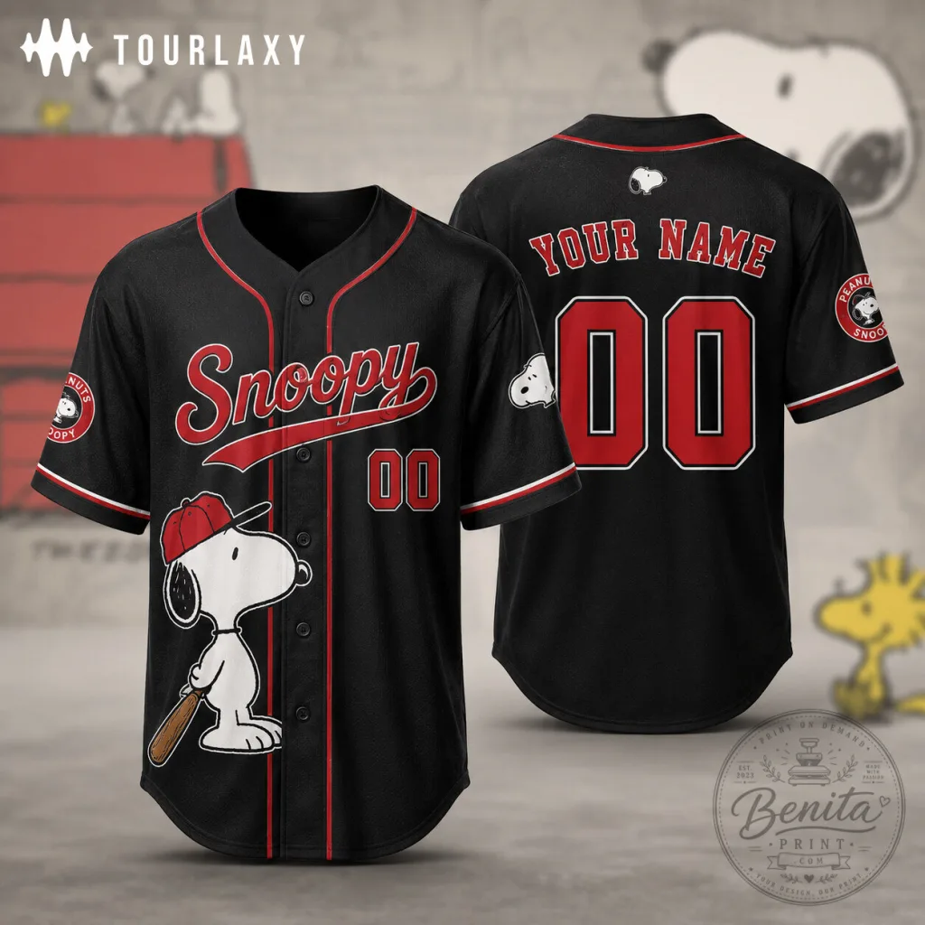Snoopy Peanuts Baseball Player Personalized Black Baseball Jersey