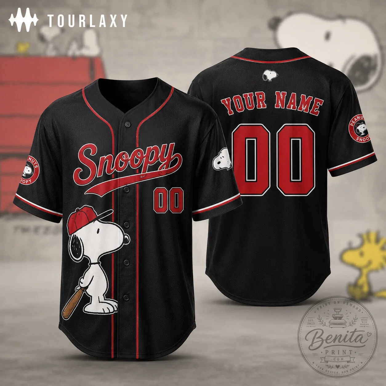 Snoopy Peanuts Baseball Player Personalized Black Baseball Jersey