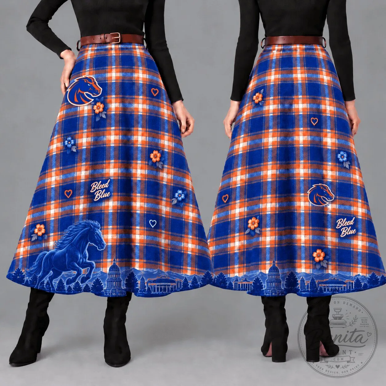 Boise State Broncos Women's Plaid Maxi Skirt with Horse and Capitol Building