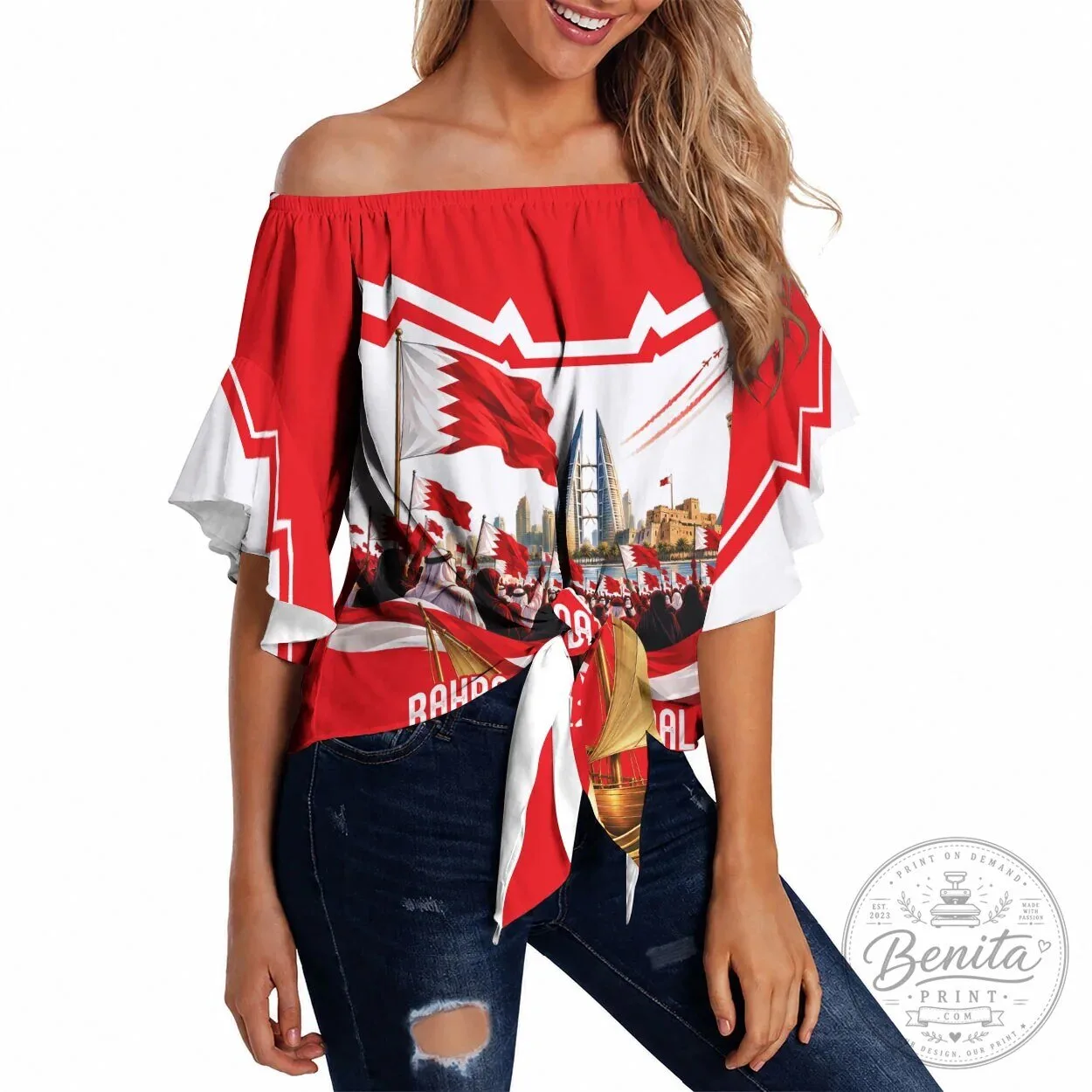 Bahrain National Day Off Shoulder Wrap Waist Top Cultural Flag Emblem Vintage Collage T-Shirt