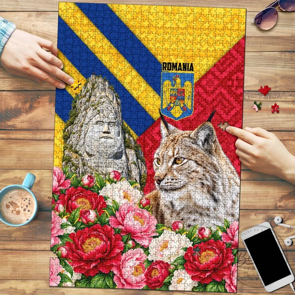 Romania Flag Lynx and Decebalus Rex Peony Floral Motifs Jigsaw Puzzle