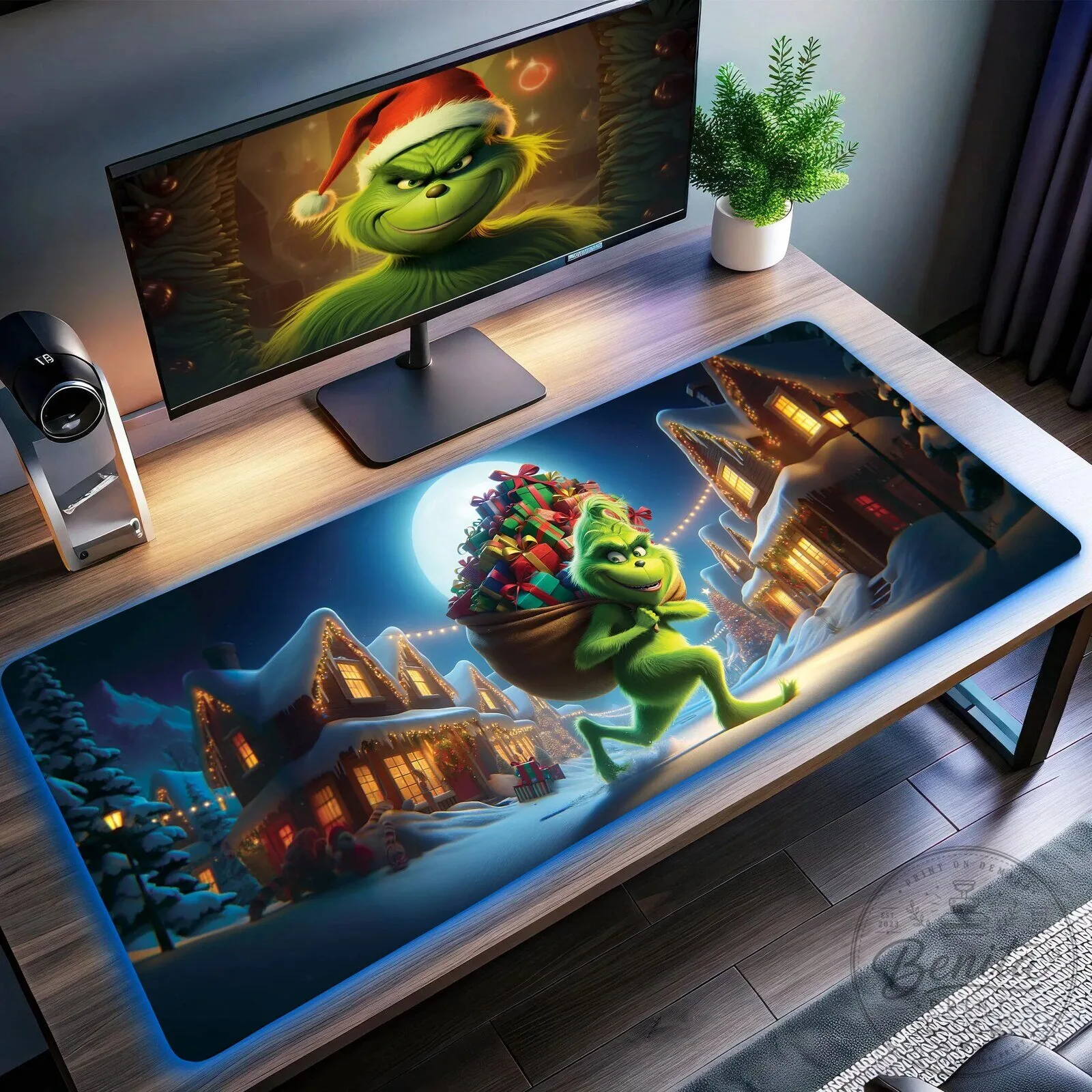 Grinch Stealing Christmas Presents Winter Village Scene LED Desk Mat