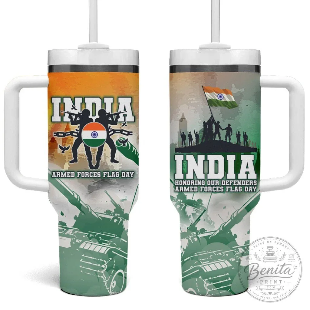 India Armed Forces Flag Day Military Indian Flag Silhouette Tumbler With Handle