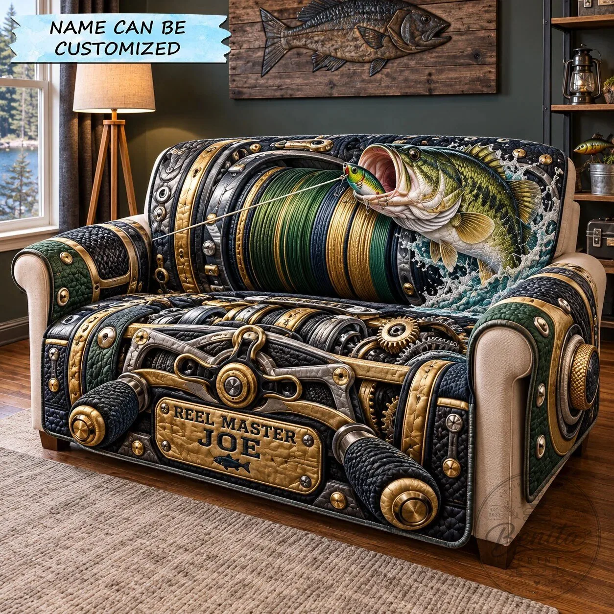 Reel Master Fishing Bass Sofa Cover Quilted Furniture Protector