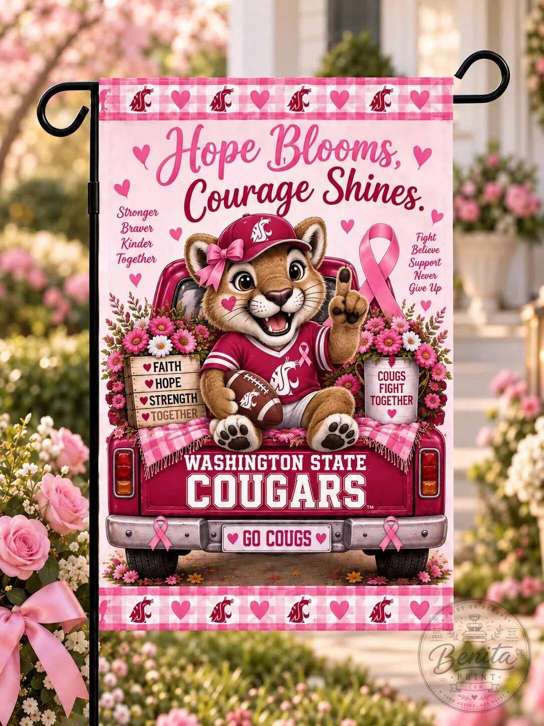 Washington State Cougars Breast Cancer Awareness Hope Blooms Courage Shines Flag