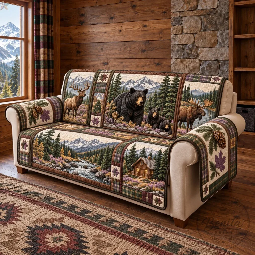 Rustic Mountain Wildlife Bear and Moose Quilted Sofa Cover Protector Rustic Mountain Wildlife Bear and Moose Quilted Sofa Cover Protector