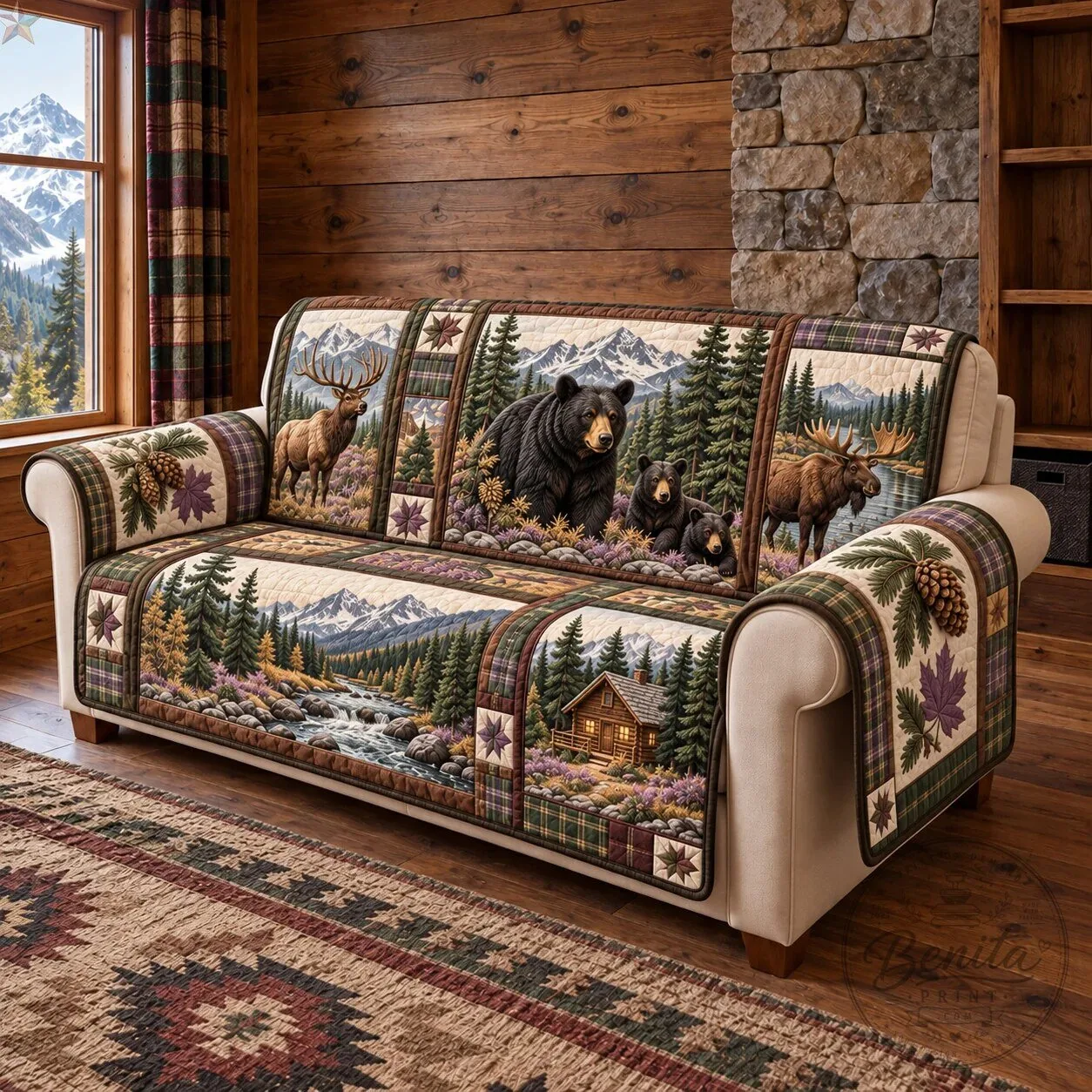 Rustic Mountain Wildlife Bear and Moose Quilted Sofa Cover Protector