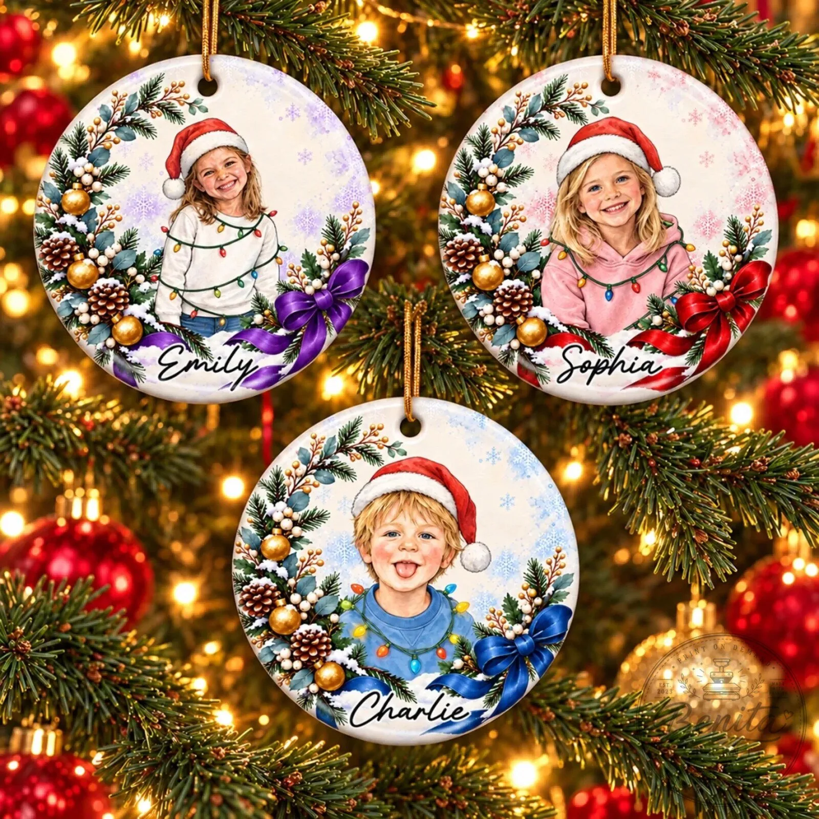 Personalized Child's Photo Christmas Ornament Keepsake with Name and Santa Hat
