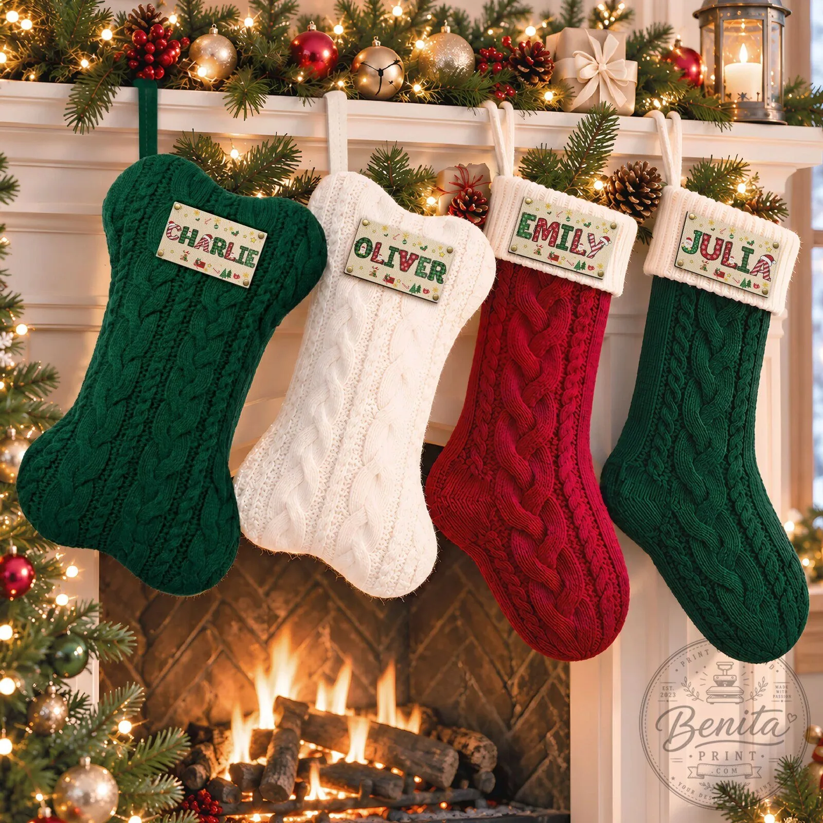 Personalized Knitted Christmas Stocking with Custom Name Patch for Family