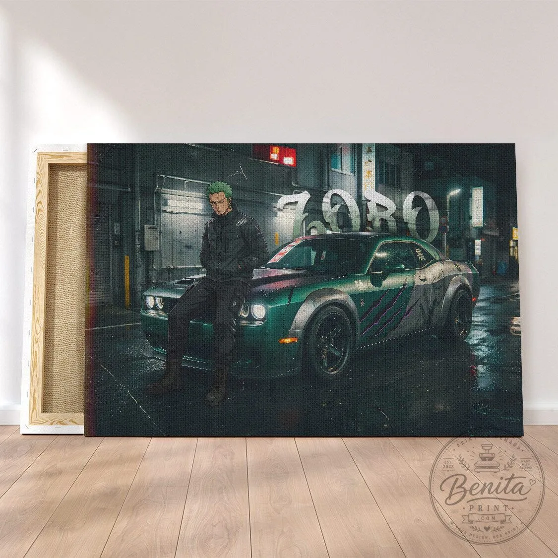 Roronoa Zoro One Piece Anime Character Green Muscle Car Canvas Wall Art