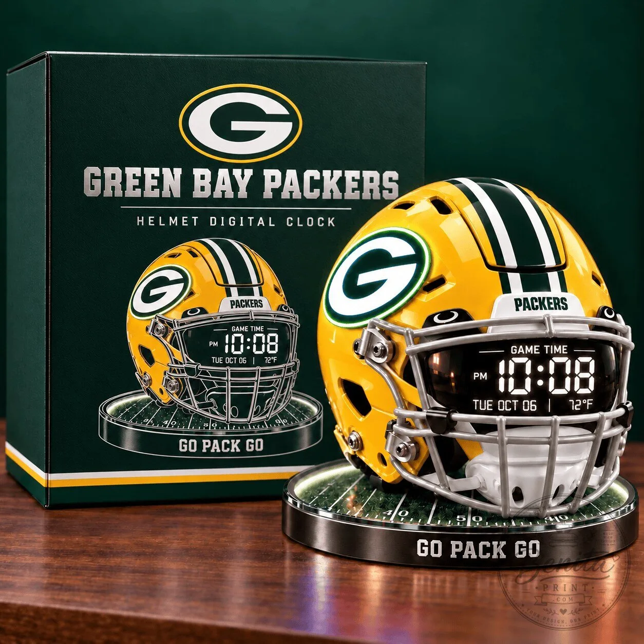 Green Bay Packers Football Helmet Digital Clock with Game Time Display