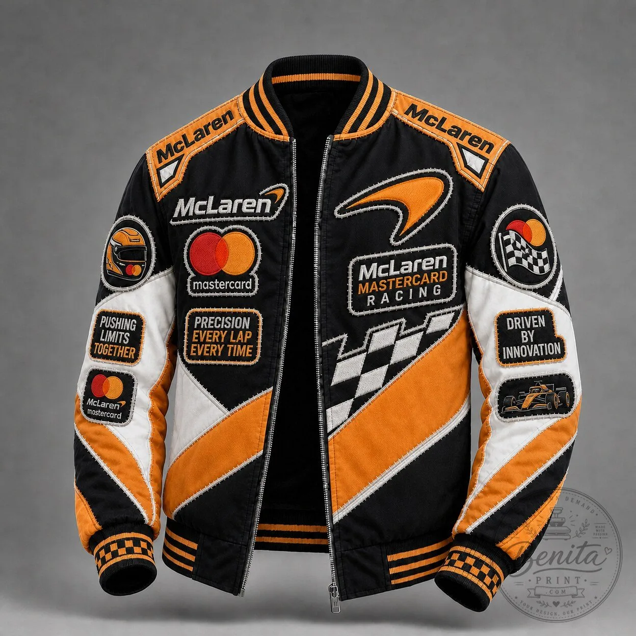 McLaren Racing Formula 1 Team Black and Orange Bomber Jacket with Patches
