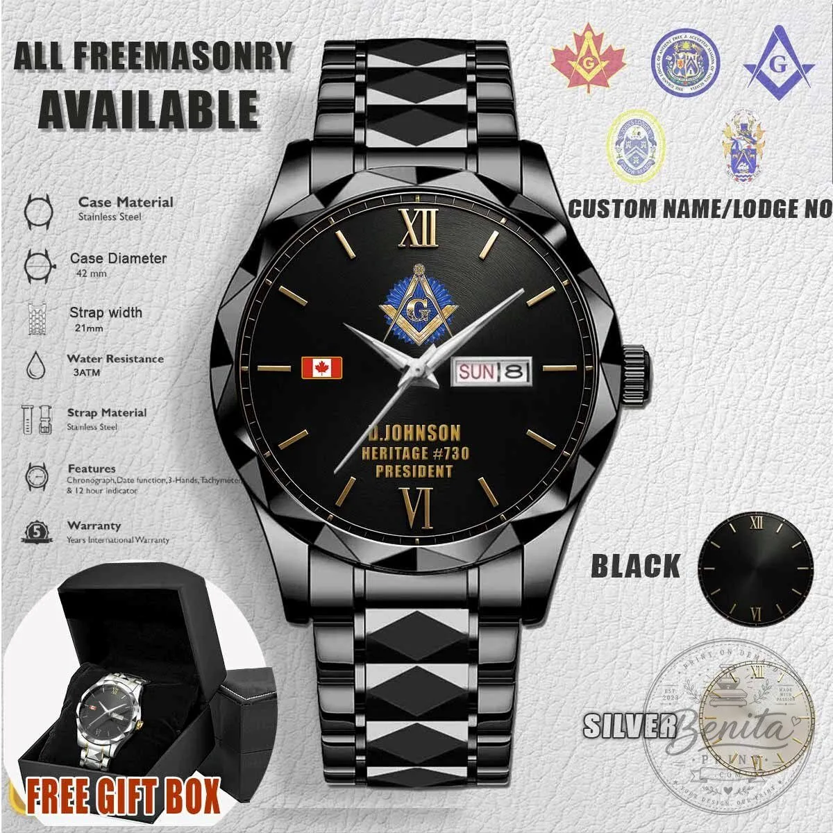 Freemasonry Masonic Lodge Custom Name Stainless Steel Quartz Watch