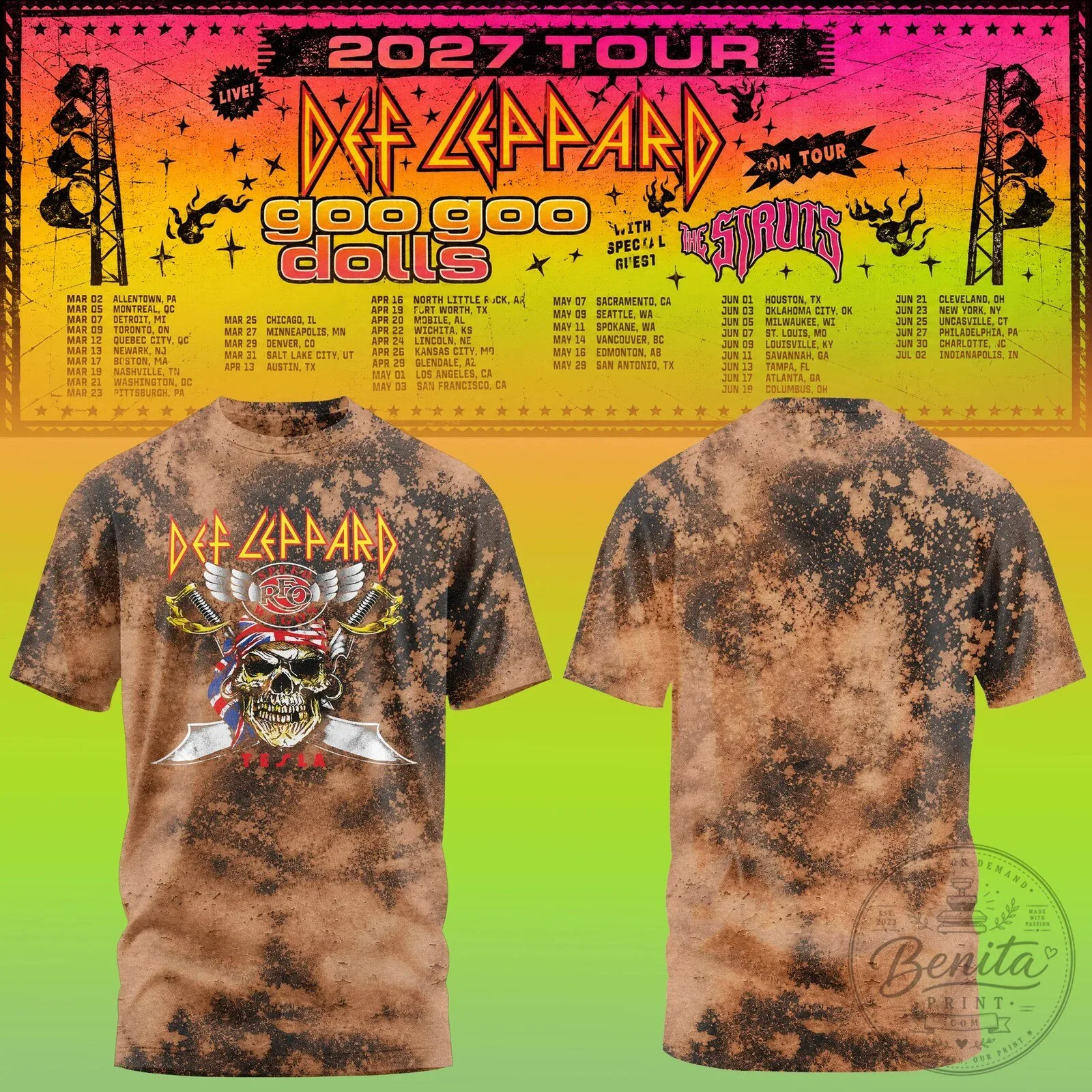 Def Leppard 2027 Tour Retro Bleached Rock Band T-Shirt