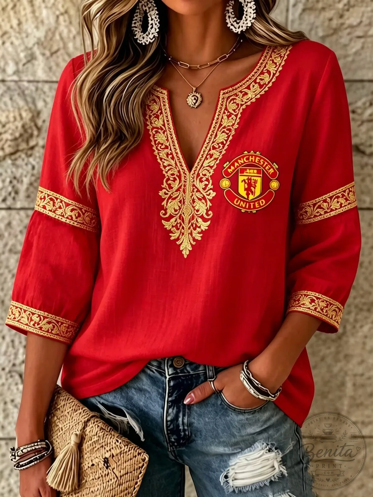 Manchester United Football Club Embroidered V-Neck Blouse