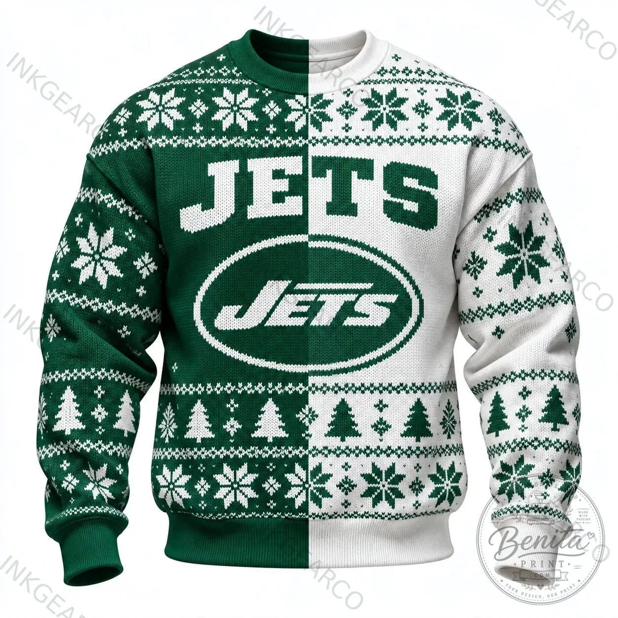 New York Jets Ugly Christmas Holiday Snowflakes Green and White Sweatshirt