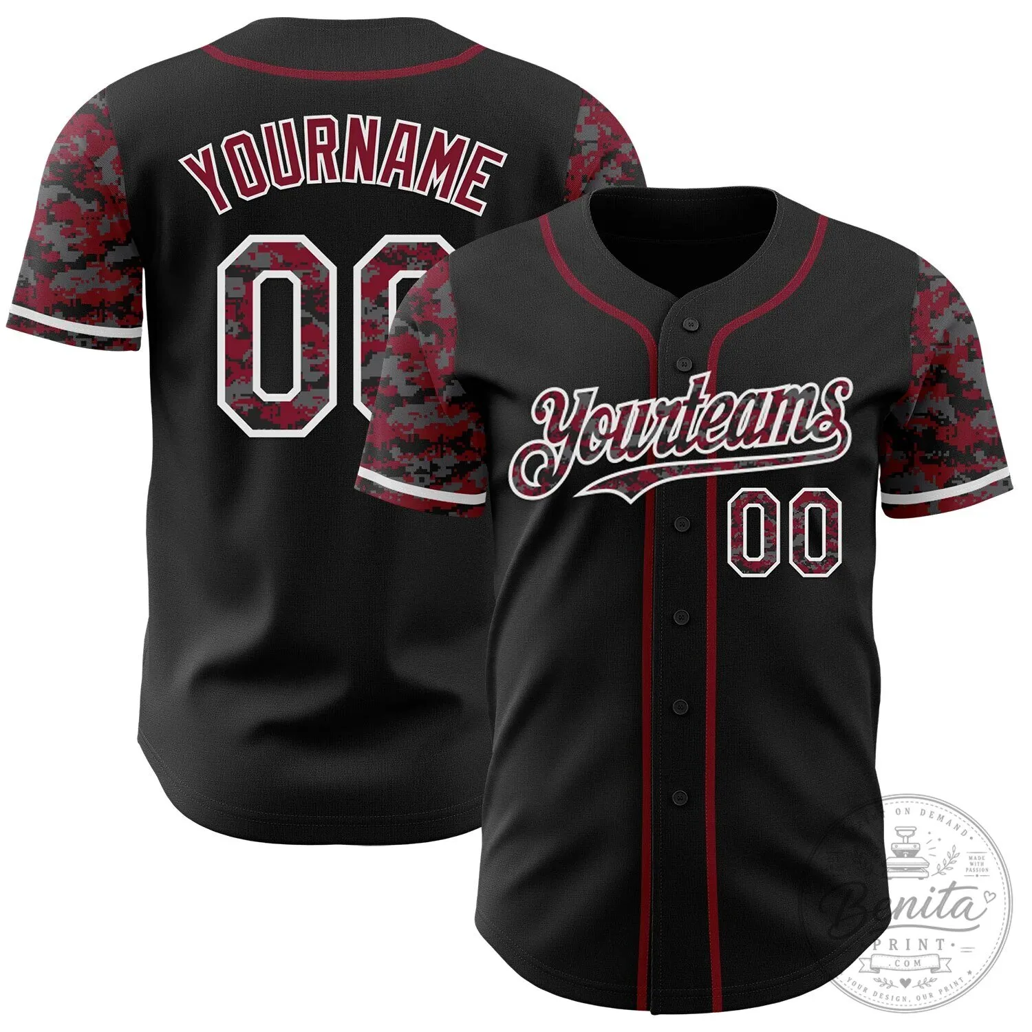 Custom Black Crimson White Digital Camo Two Tone Authentic Baseball Jersey