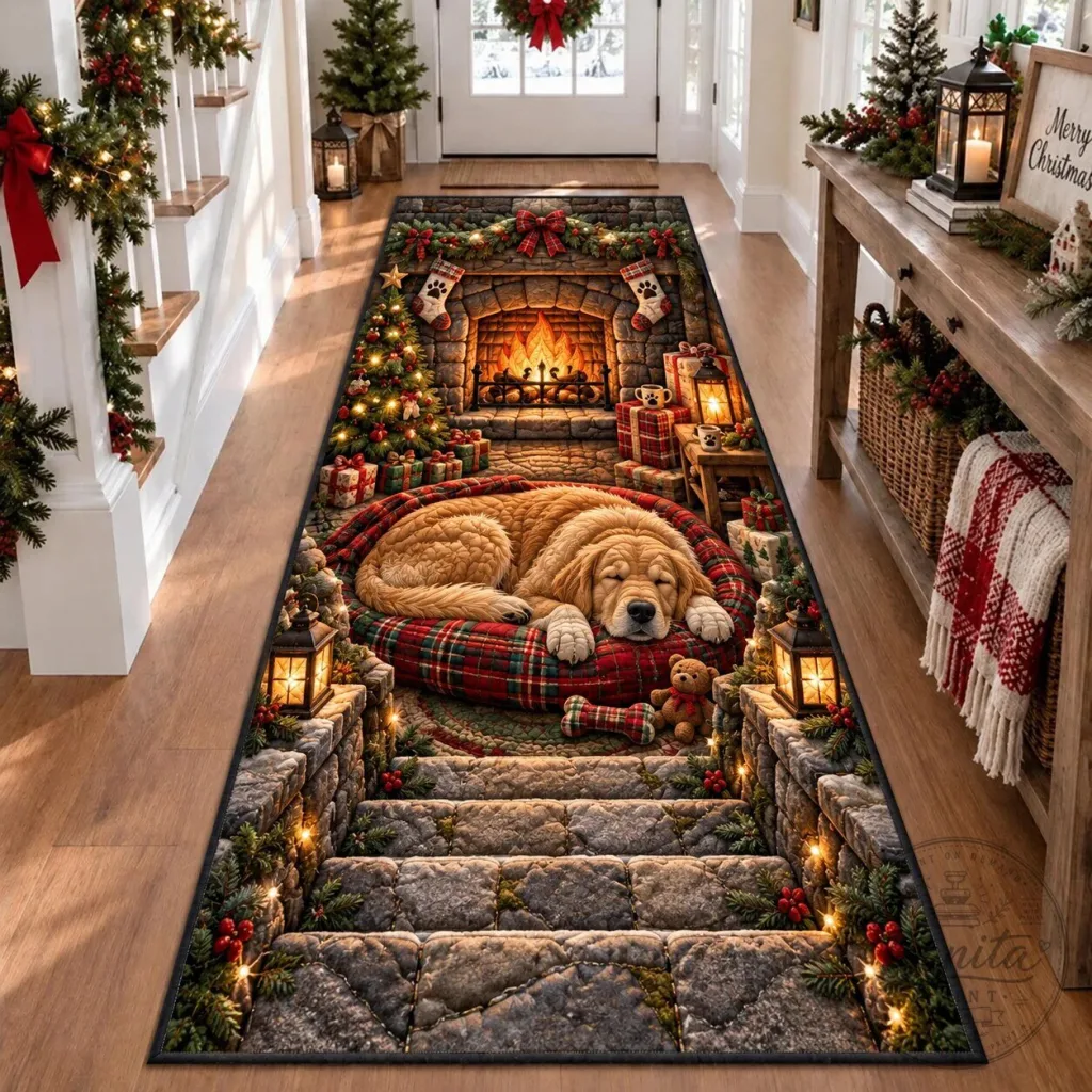 Christmas Golden Retriever Dog Fireplace Cabin Runner Rug Christmas Golden Retriever Dog Fireplace Cabin Runner Rug