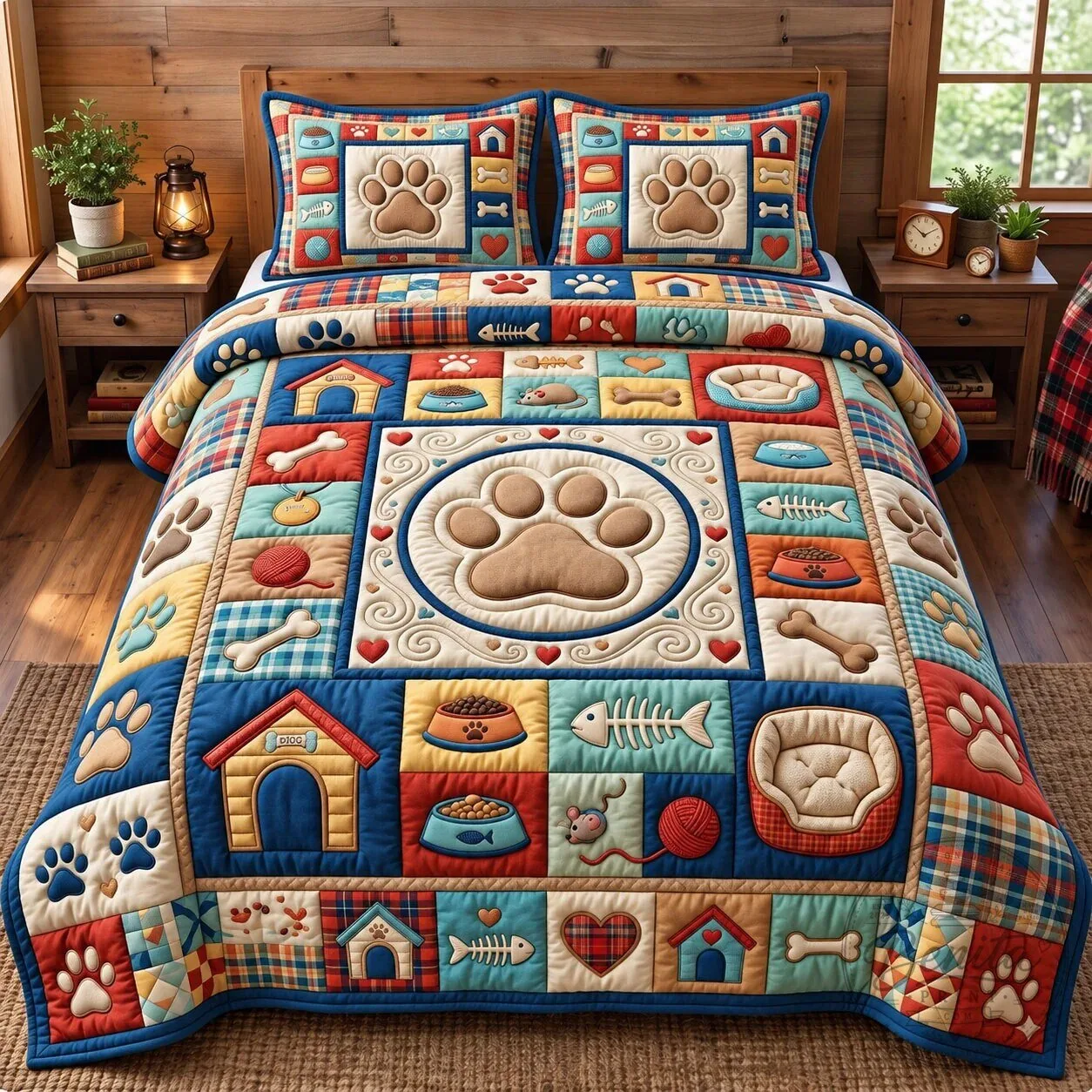 Colorful Paw Print Patchwork Quilted Bedding Set for Dog Lovers