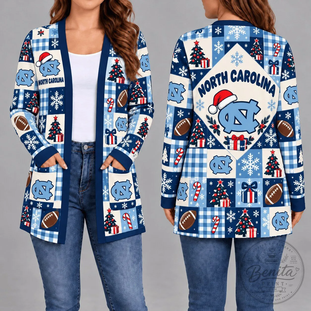 North Carolina Tar Heels Christmas Holiday Pattern Women's Long Sleeve Cardigan