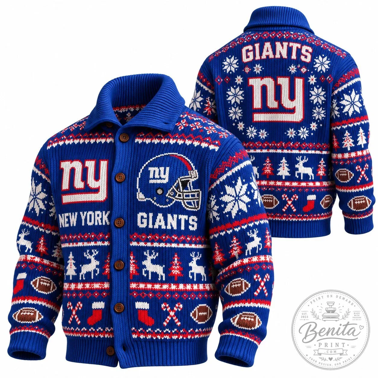 New York Giants Christmas Holiday Ugly Sweater Cardigan for Men