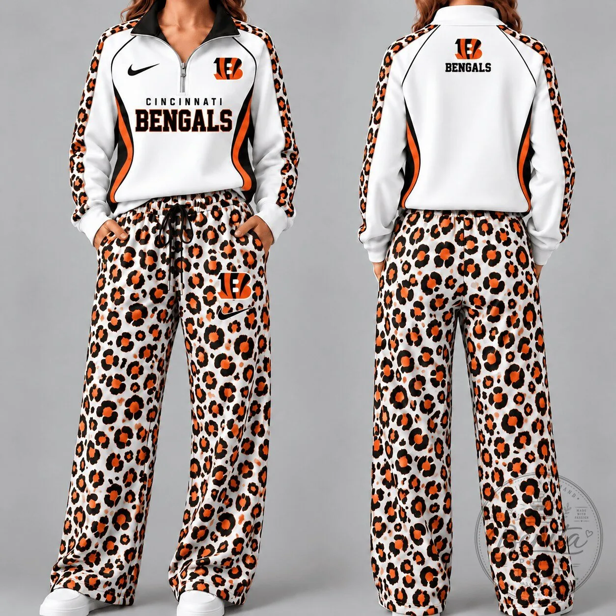 Cincinnati Bengals Leopard Print Quarter Zip Pullover and Pants Set
