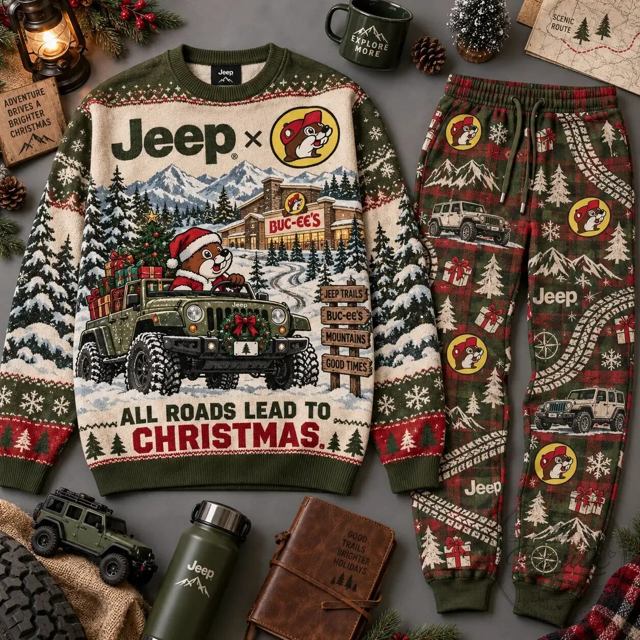 Jeep Buc-ee's All Roads Lead To Christmas Holiday Sweater