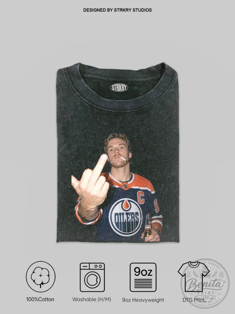 Connor McDavid Flipping Off Oilers Hockey Fan Black Washed T-Shirt
