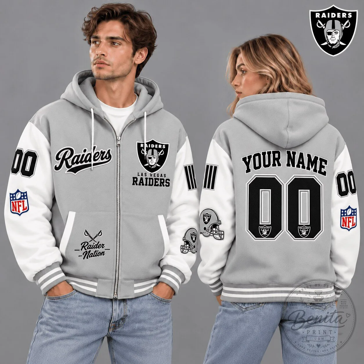 Las Vegas Raiders Custom Name and Number Vintage Varsity Gray Full-Zip Hoodie