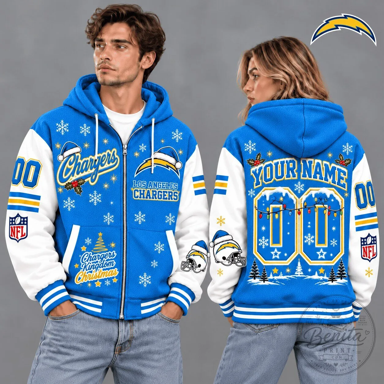Los Angeles Chargers NFL Christmas Snowflake Custom Name Number Zip Hoodie