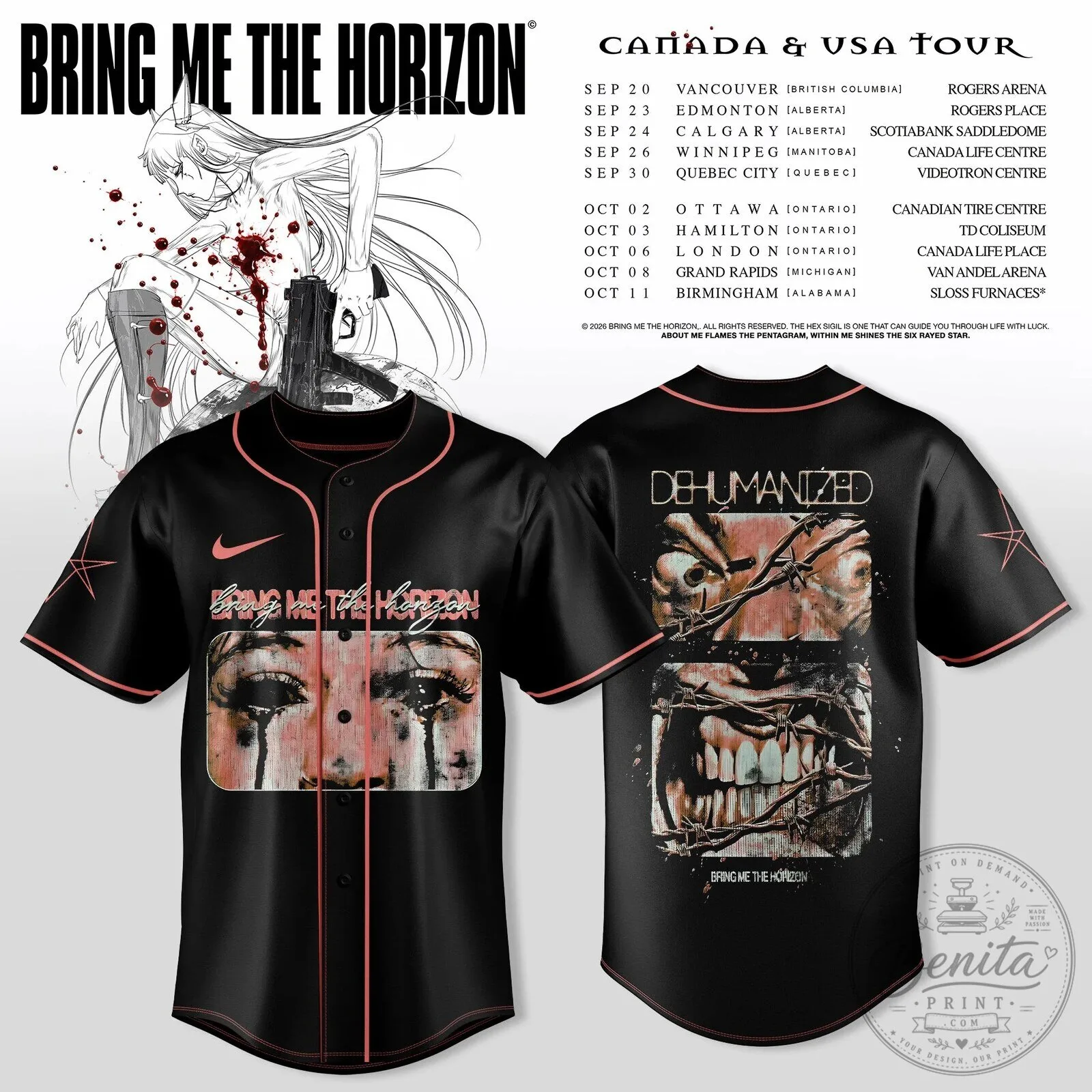 Bring Me The Horizon Dehumanized Canada USA Tour Black Baseball Jersey