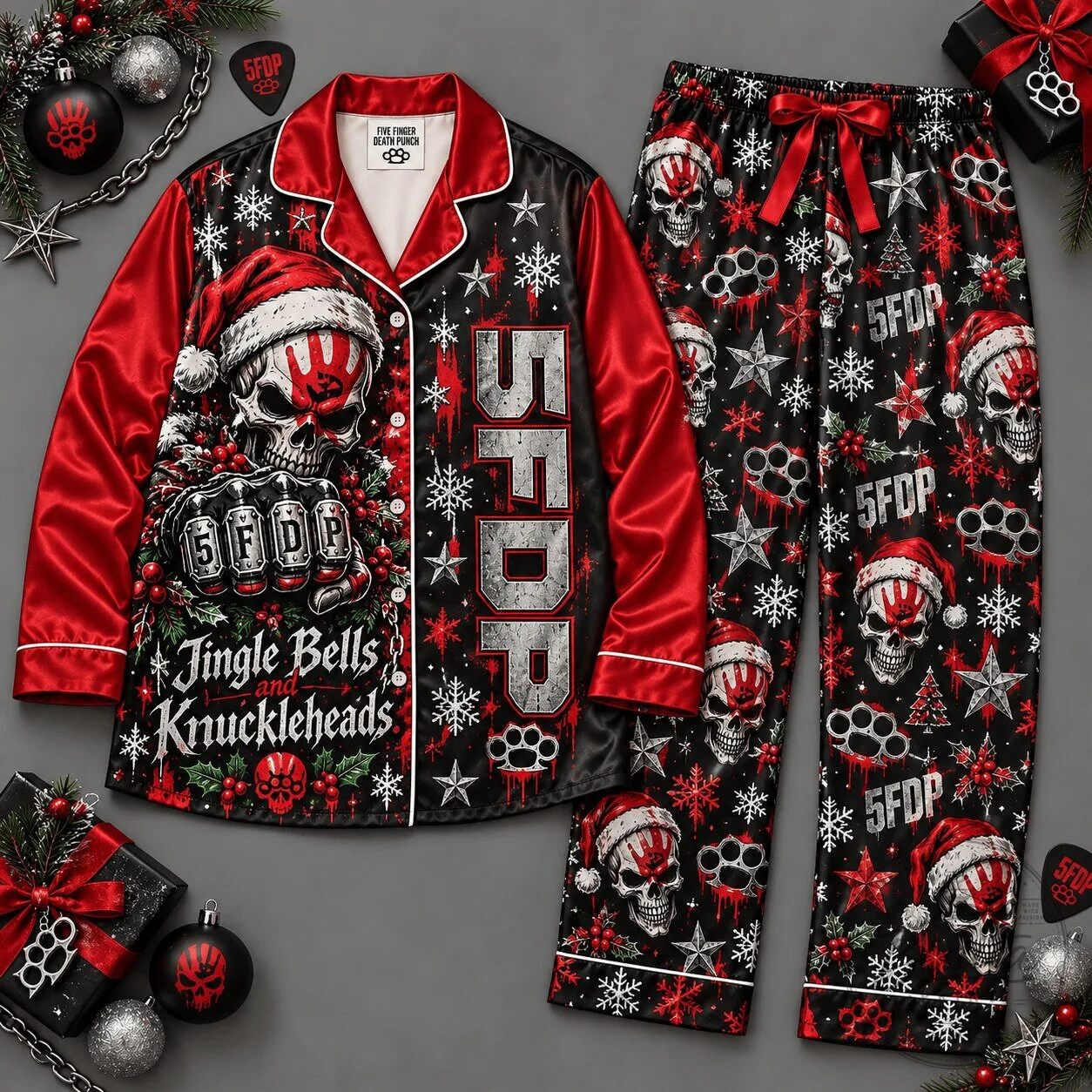 Five Finger Death Punch Christmas Skull Snowflake Holiday Pajamas Set