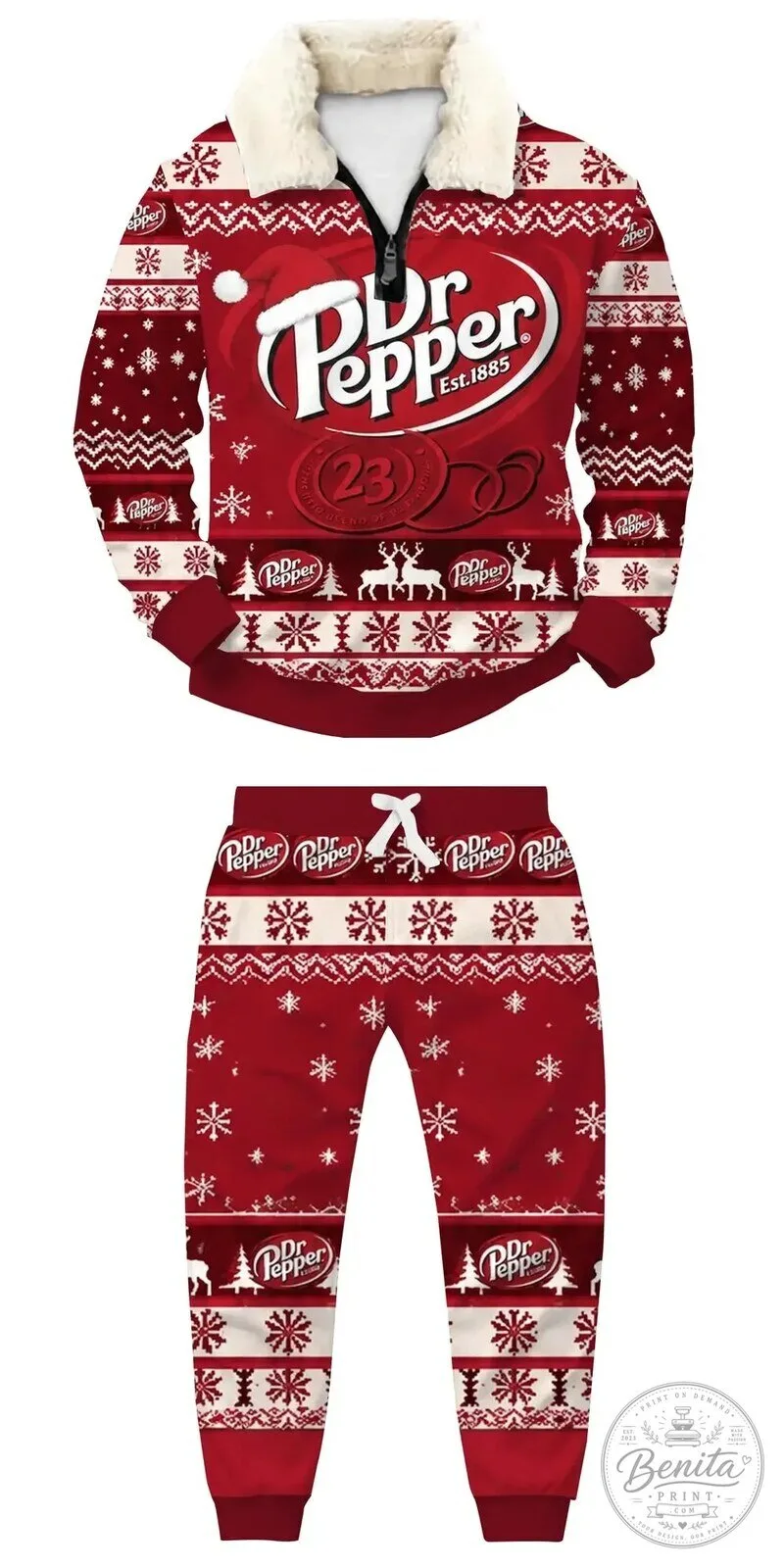 Dr Pepper Ugly Christmas Sweater Quarter Zip Sweatshirt and Joggers Set