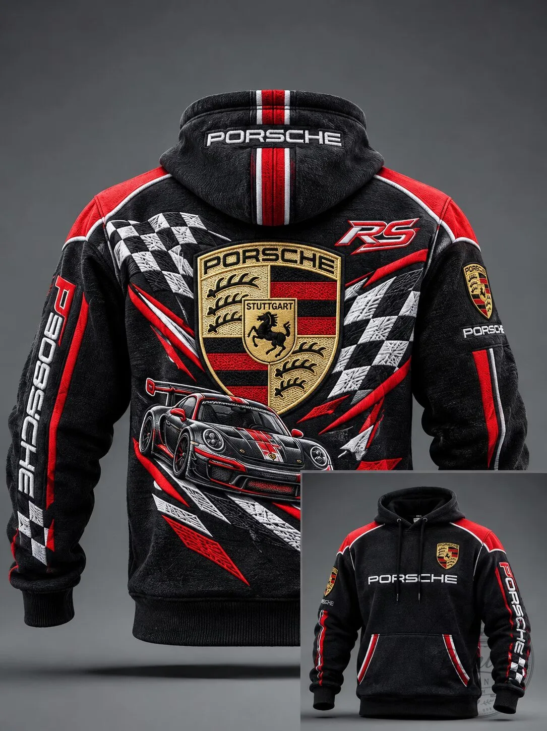 Porsche Stuttgart Emblem Racing Sports Car Black and Red Hoodie