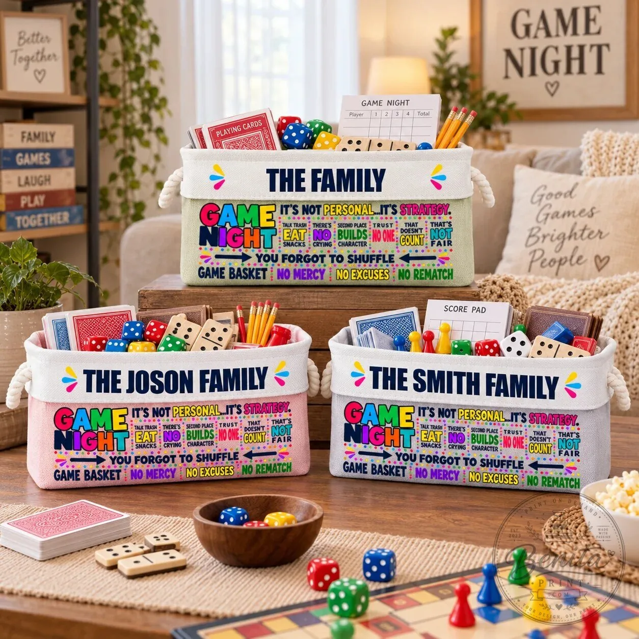 Personalized Family Game Night Storage Basket Custom Board Game Organizer