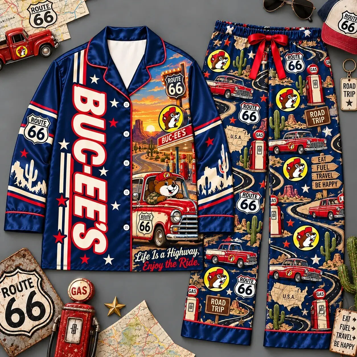 Buc-ee's Route 66 Highway Gas Station Navy Long Sleeve Pajamas Set