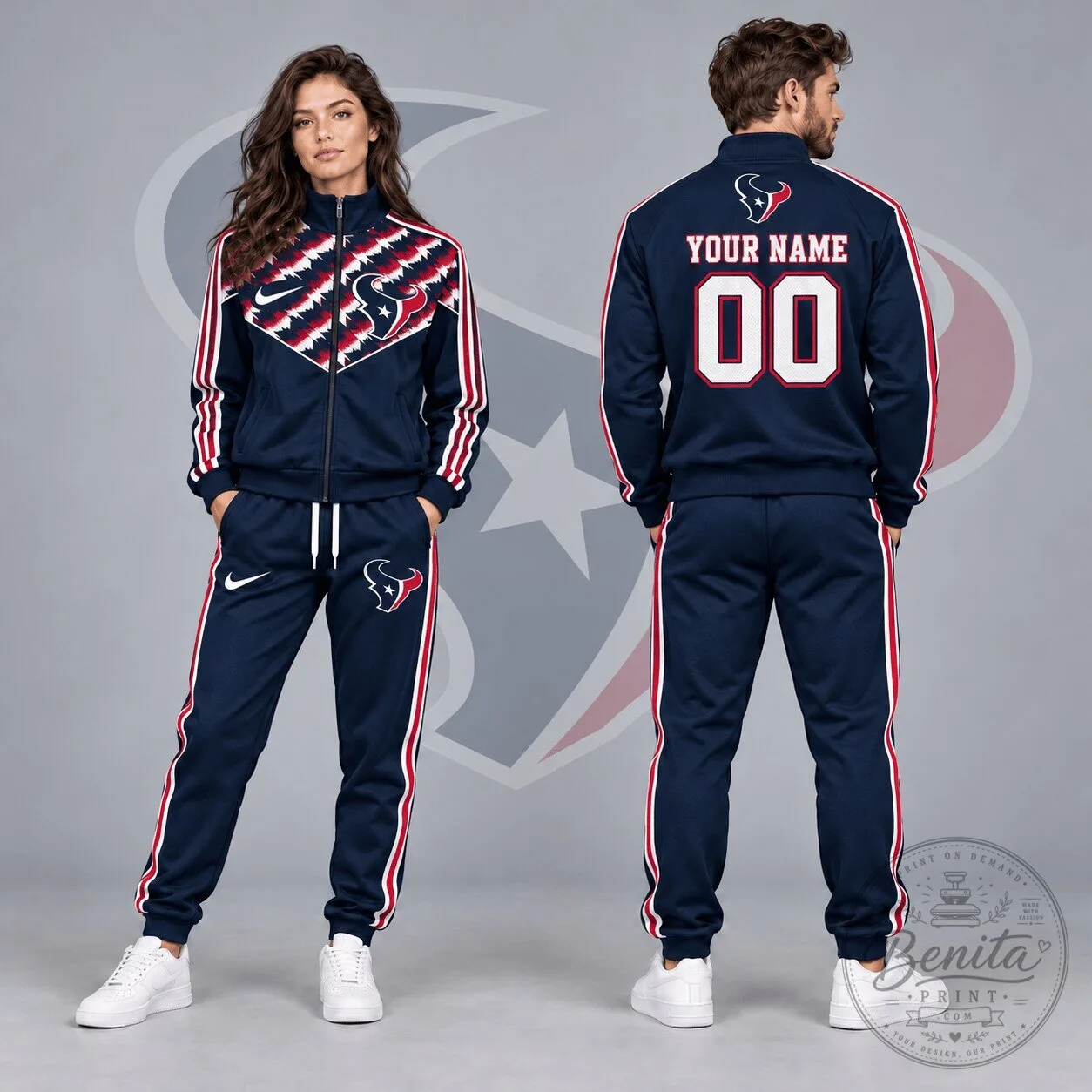 Houston Texans Custom Name and Number Full-Zip Tracksuit Jacket