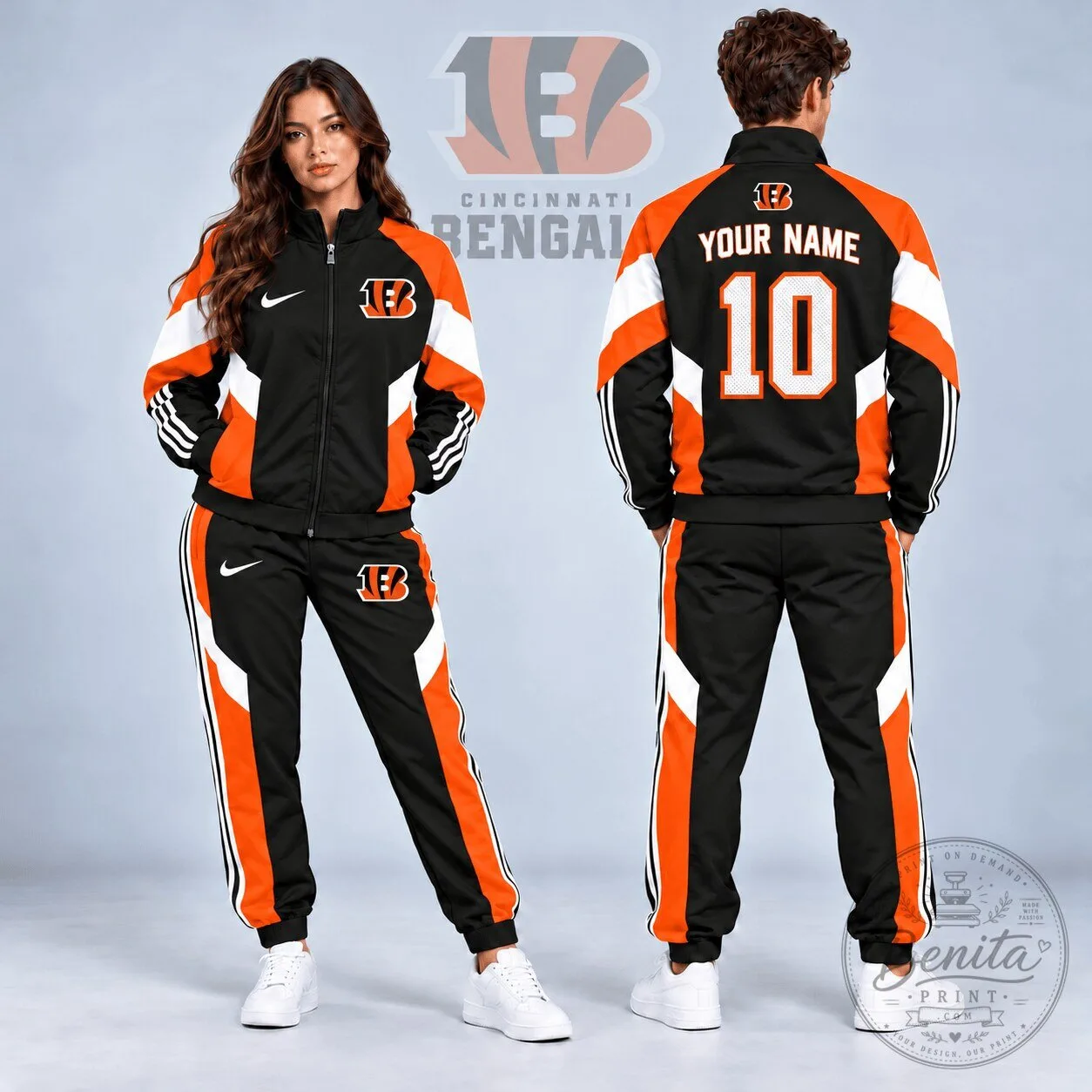 Cincinnati Bengals Personalized Black and Orange Tracksuit Jacket and Jogger Pants Set