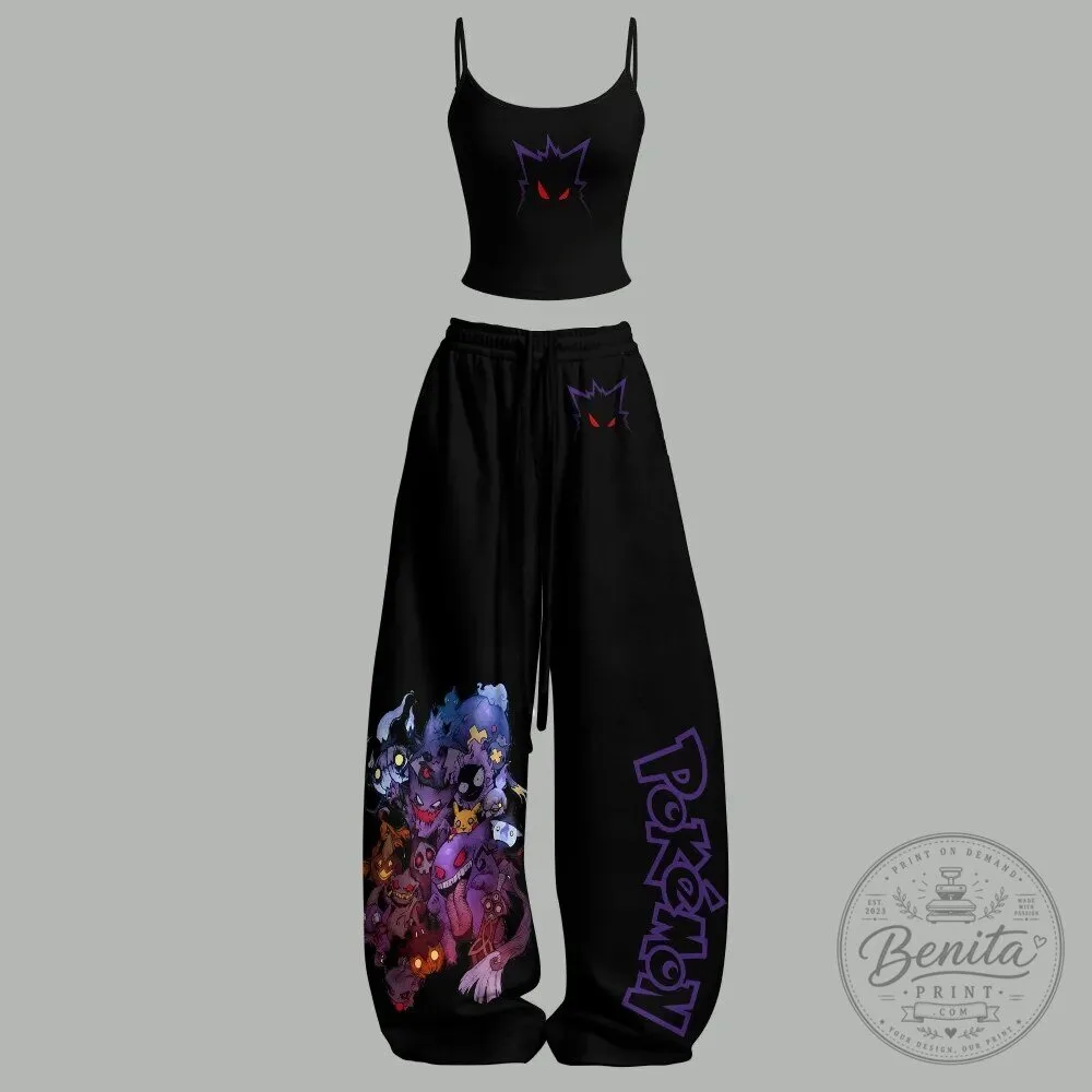 Pokemon Gengar Ghost Type Black Cropped Cami Top and Sweatpants Set