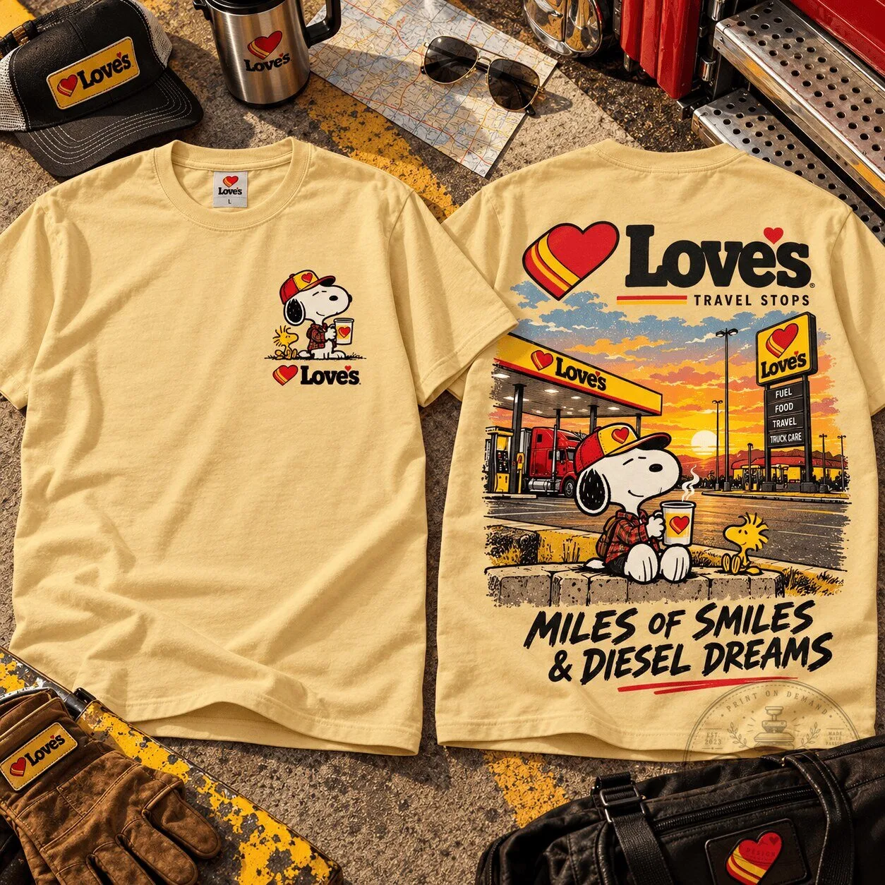 Snoopy Loves Travel Stops Miles of Smiles & Diesel Dreams T-Shirt