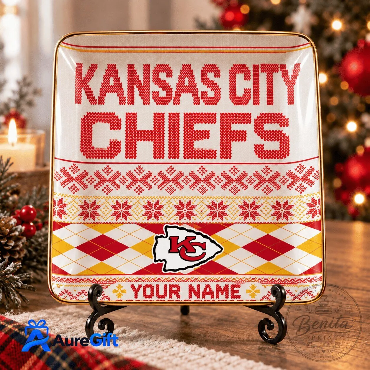Kansas City Chiefs Ugly Christmas Sweater Pattern Personalized Jewelry Dish