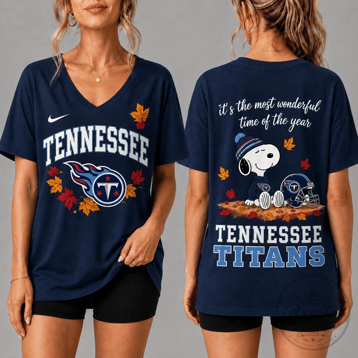 Tennessee Titans Football Fall Season Snoopy V-Neck T-Shirt for Women